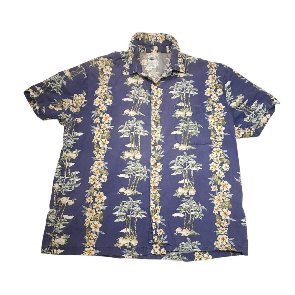 Old Navy Mens XL Floral Hawaiian Shirt Short Sleeve Button Down Blue